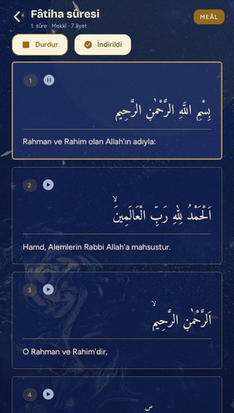 Fâtiha sûresi, âyet ve meâl kutuları